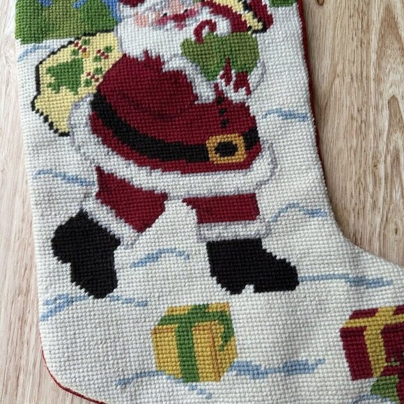 Vintage Wool Needlepoint Christmas Stocking Santa Toys Red Velvet Back Sz 18" L - Picture 5 of 9